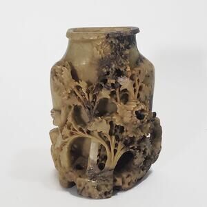 Antique Chinese Carved Soapstone Vase With Flowers And Bird 5.5"